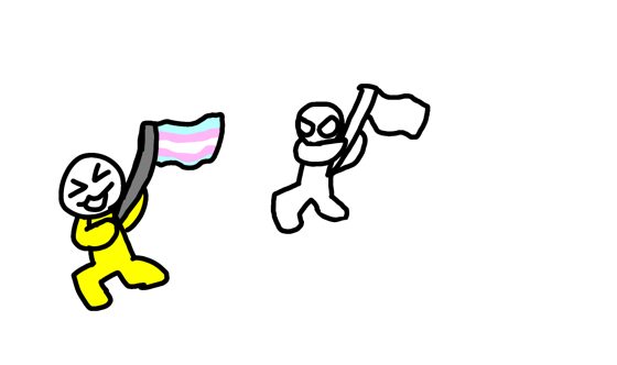 Dos figuras chicas corriendo con banderas, una trans y otra blanca.