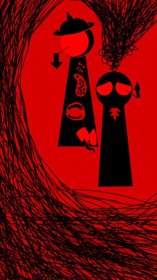 Dos figuras negras recortadas sobre un fondo rojo de líneas.