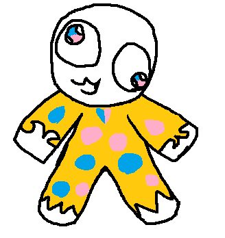 Personaje con enterito amarillo de lunares celestes y rosas.