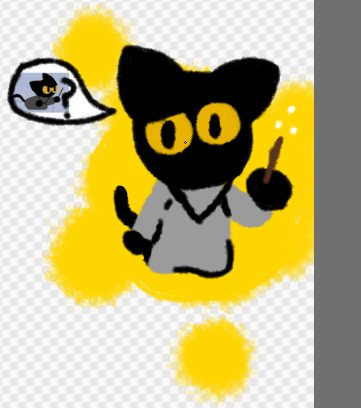 Gato negro de ojos amarillos con un pincel, sobre un halo amarillo.