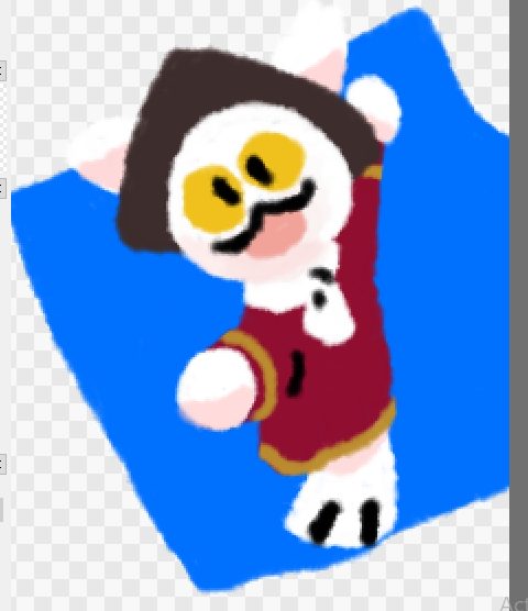 Personaje felino de chaleco rojo acostado sobre una manta azul.