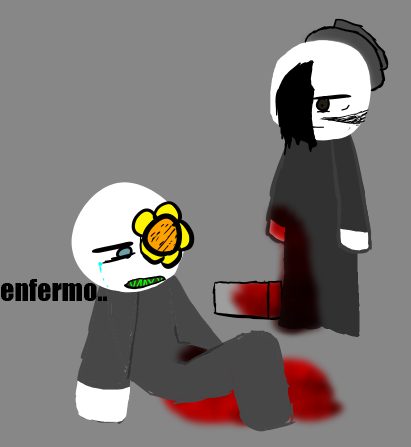 Escena: una figura sentada con una flor en la cara y el texto «enfermo..», otra de pie detrás, con sangre.