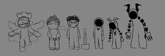 Fila de seis personajes en boceto, de un ángel a una criatura de cola larga.