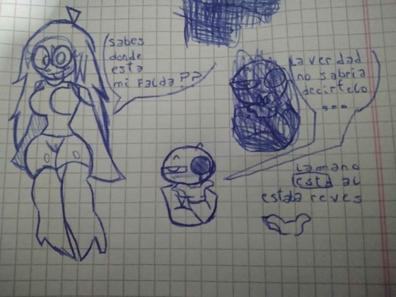 Foto de una hoja cuadriculada con varios dibujos a lapicera y textos manuscritos.