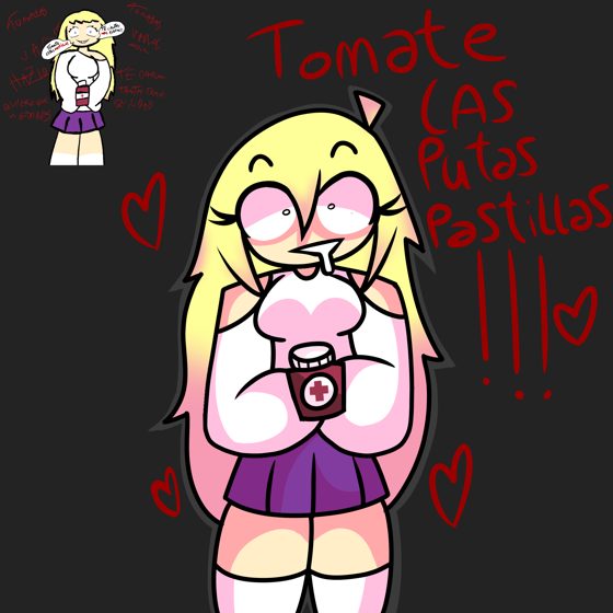 Personaje rubio con un frasco y el texto «Tomate las putas pastillas!!!». Variante de N163.