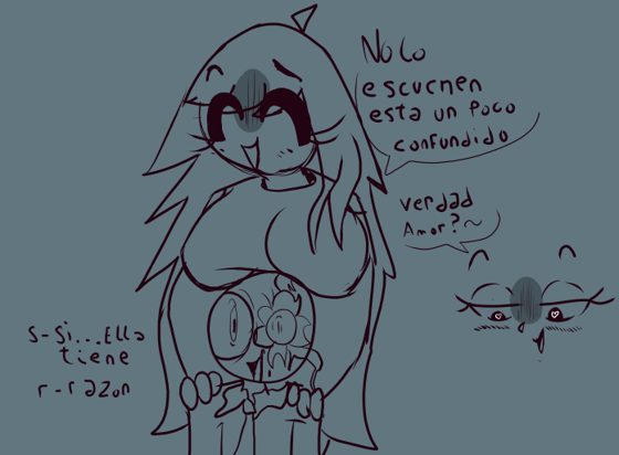Boceto de dos personajes con texto manuscrito «No lo escuchen, esta un poco confundido / s-si...ella tiene r-razon». [co