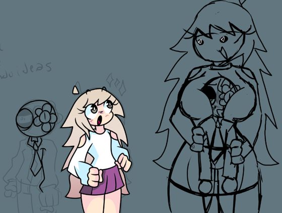 Tres versiones del mismo personaje rubio, de boceto a color. [contenido adulto]