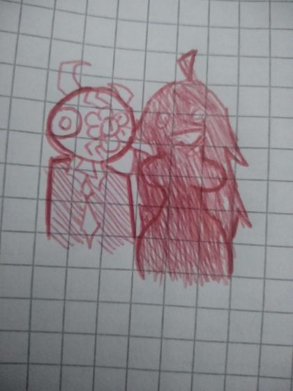 Foto de un dibujo a lápiz rojo en hoja cuadriculada: dos personajes juntos.