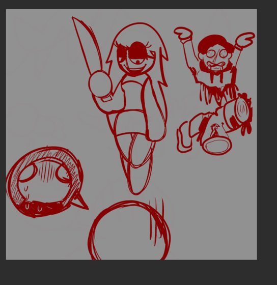 Foto de un dibujo a lápiz rojo: tres figuras y dos cabezas sueltas.