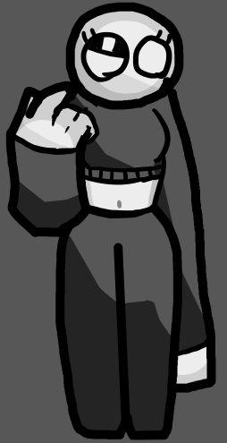 Personaje de cabeza redonda y remera corta negra, de pie.