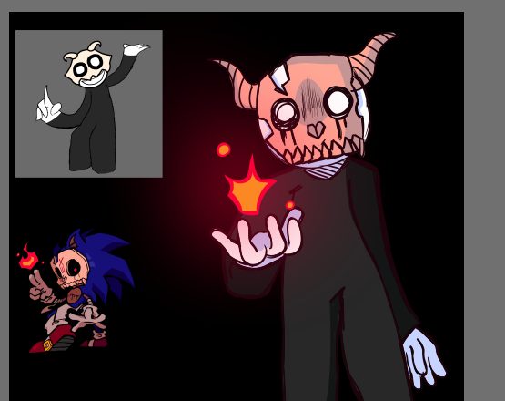 Composición oscura: un personaje de traje con una llama en la mano y un Sonic ensangrentado abajo.