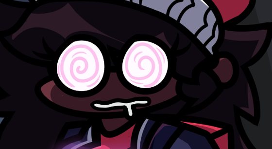 Personaje de ojos en espiral y sombrero, en tonos violetas y rojos.