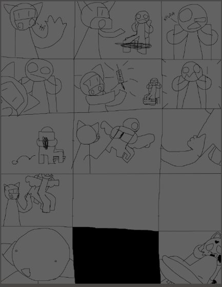 Página completa de storyboard a lápiz, doce viñetas sin terminar.