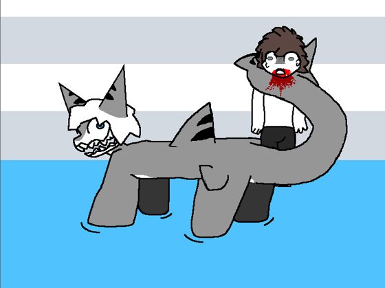 Dos personajes montados sobre una criatura gris en el agua, uno con sangre en la boca.