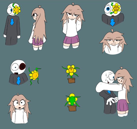 Hoja de diseño de personaje: cuatro trajes, expresiones, una flor y una escena de abrazo.