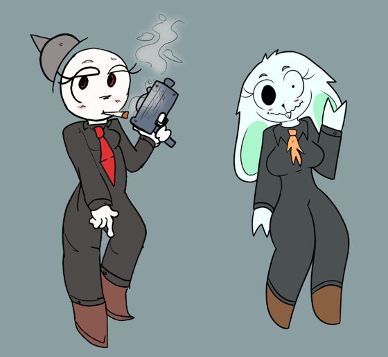 Dos personajes de pie: uno de traje marrón fumando y otro blanco de orejas largas.