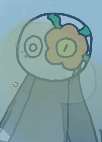 Boceto muy tenue de una cabeza con flores, casi sin líneas.