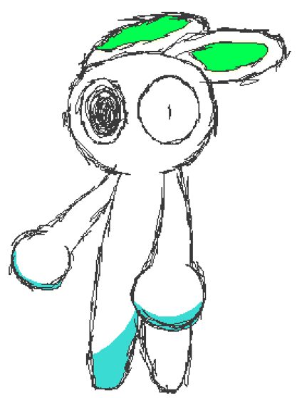 Personaje de orejas de conejo con detalles celestes, dibujo a línea.