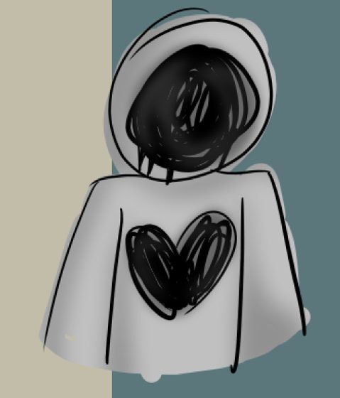 Figura encapuchada de blanco con un corazón negro dibujado en el pecho.
