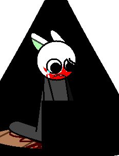 Personaje blanco de orejas de conejo con la boca ensangrentada, dentro de un triángulo negro.