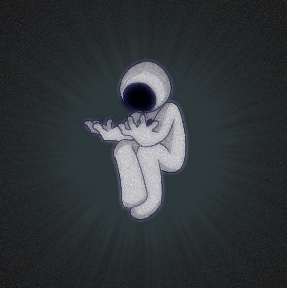 Figura blanca flotando con las manos juntas sobre un fondo oscuro con halo.