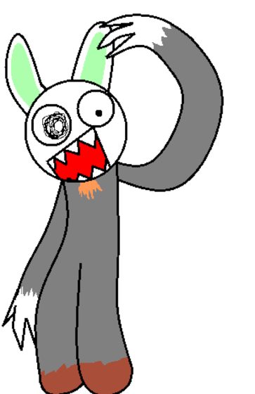 Personaje gris de orejas largas con la boca abierta y dientes.