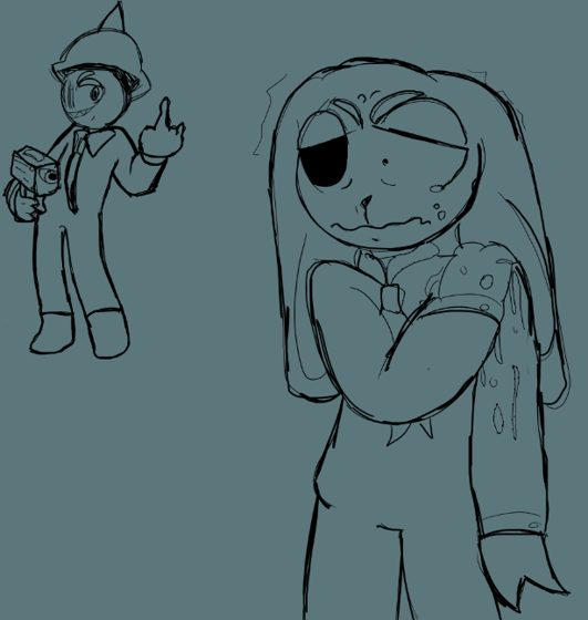Boceto de dos personajes: uno de traje señalando y otro encapuchado.