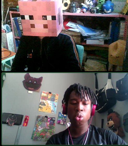 Dos fotos: una máscara de papel de Minecraft y una persona con auriculares frente a su escritorio.