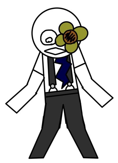 Personaje de cuerpo entero con una flor amarilla en la cara y corbata azul.