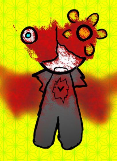 Criatura roja de muchos ojos con una herida en el pecho, sobre fondo amarillo.
