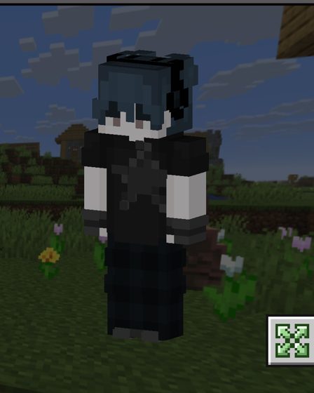 Captura de Minecraft: una skin de personaje de negro y blanco en un campo.