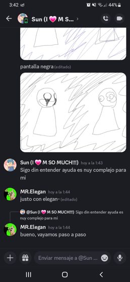 Captura de Discord: conversación con dibujos adjuntos y el mensaje «Sigo sin entender ayuda es muy complejo para mi».