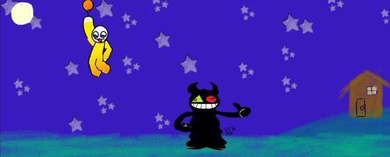Escena nocturna con una figura amarilla en el cielo y una criatura negra abajo.
