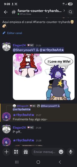 Captura del canal #fanarts-counter-tryhards con un dibujo de dos personajes y el texto «I Love my Wife!».