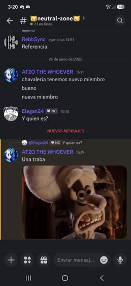Captura de #neutral-zone con la llegada de un miembro nuevo, ATZO THE WHOEVER.
