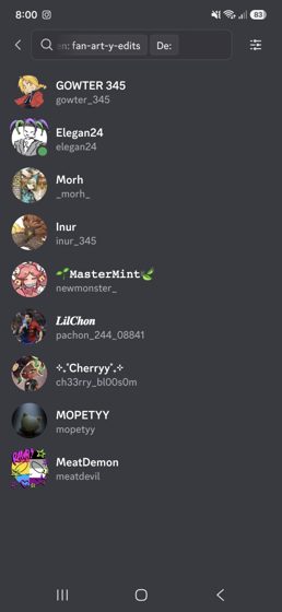 Lista de miembros de #fan-art-y-edits: GOWTER 345, Elegan24, Morh, Inur, MasterMint, LilChan, Cherrry, MOPETYY y MeatDem