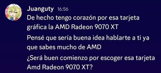 Captura de un mensaje de Juanguty sobre una placa de video AMD, ajeno al rol.