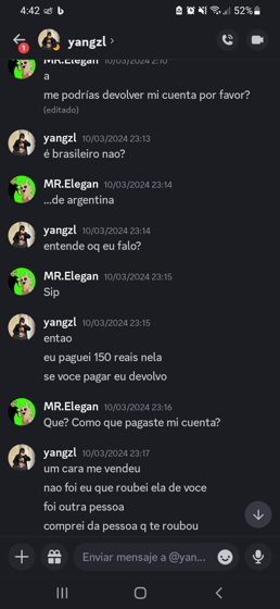 Captura del chat con quien compró la cuenta yangzl, en portugués y español.