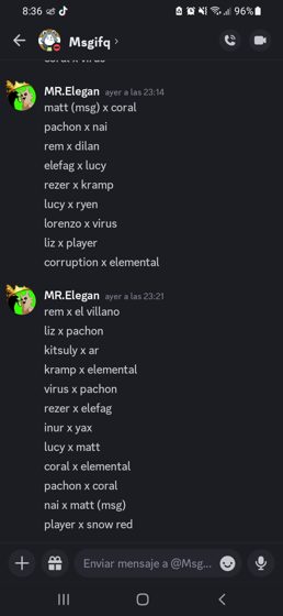 Lista de emparejamientos de personajes escrita por MR.Elegan: «matt (msg) x coral, pachon x nai, rem x dilan, elefag x l