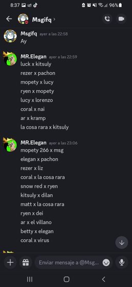 Continuación de la lista de emparejamientos: «luck x kitsuly, rezer x pachon, mopety x lucy...».