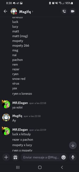 Lista de nombres de personajes en columna: lucy, matt, mopety, msg, nai, pachon, rem, rezer, ryen, snow red, virus, yax,