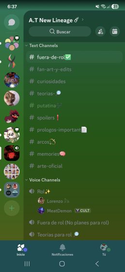 Lista de canales del servidor A.T New Lineage: fuera-de-rol, fan-art-y-edits, curiosidades, teorias, putatina, spoilers,