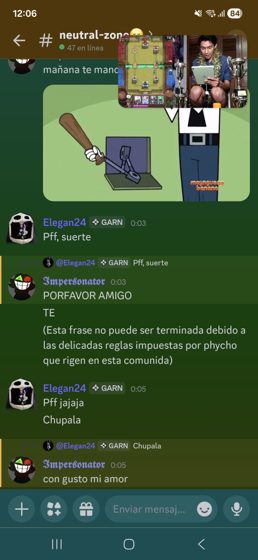 Captura de #neutral-zone con una imagen de Minecraft y una discusión sobre las reglas del servidor.