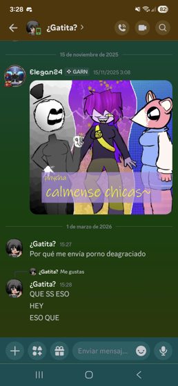 Captura de un chat titulado «¿Gatita?» con un dibujo de tres personajes y el texto «calmense chicas», del 10 de noviembr