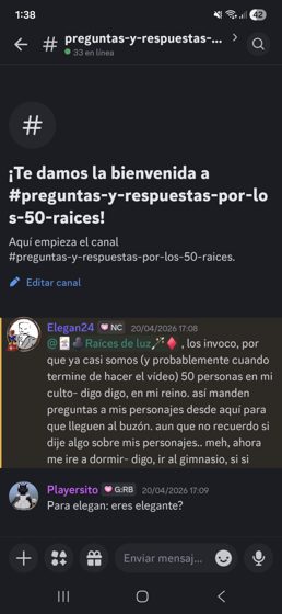 Captura del canal #preguntas-y-respuestas-por-los-50-raices, con una invitación de Elegan24 a mandar preguntas a sus per