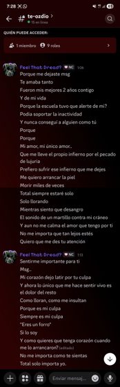 Captura del canal #te-odio con un texto largo dirigido a Msg: «Porque me dejaste msg / Te amaba tanto / Fueron mis mejor