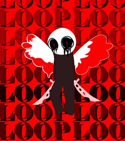 LOOP Elegan Cartel rojo con la palabra LOOP repetida y una figura alada con cuchillas.