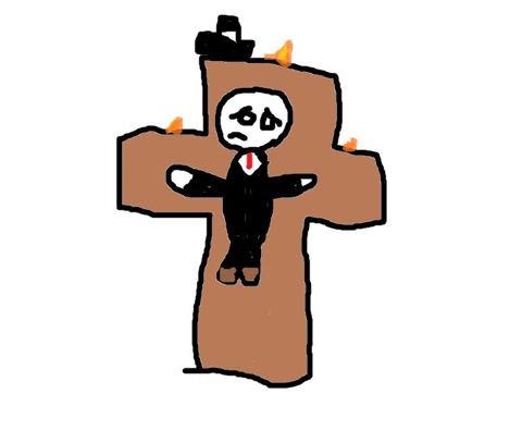 Elegan crucificado elegan_chikito_crusificado Una figura de traje y corbata, de cara trist