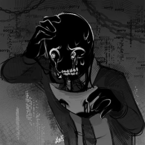 The Mask KEI Miembro de la organización. Cráneo negro, ojos que lloran negro, y «sorry» es