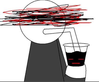 REK con los ojos cubiertos por trazos negros y rojos, tomando de un vaso con pajita
